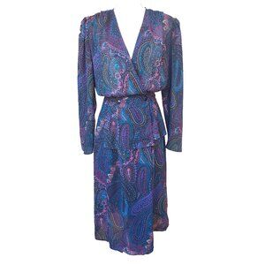 Vintage 80s Paisley Dress Colorful Sheer Black Strong Shoulder Power Suit Midi